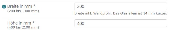 Afmetingen van het douchescherm in de configurator