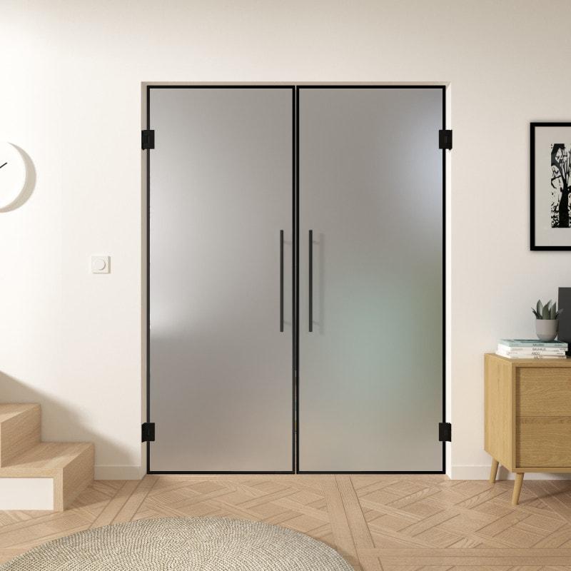 Dubbele glazen pendeldeur met zwarte kaders FRAME 3 satijn