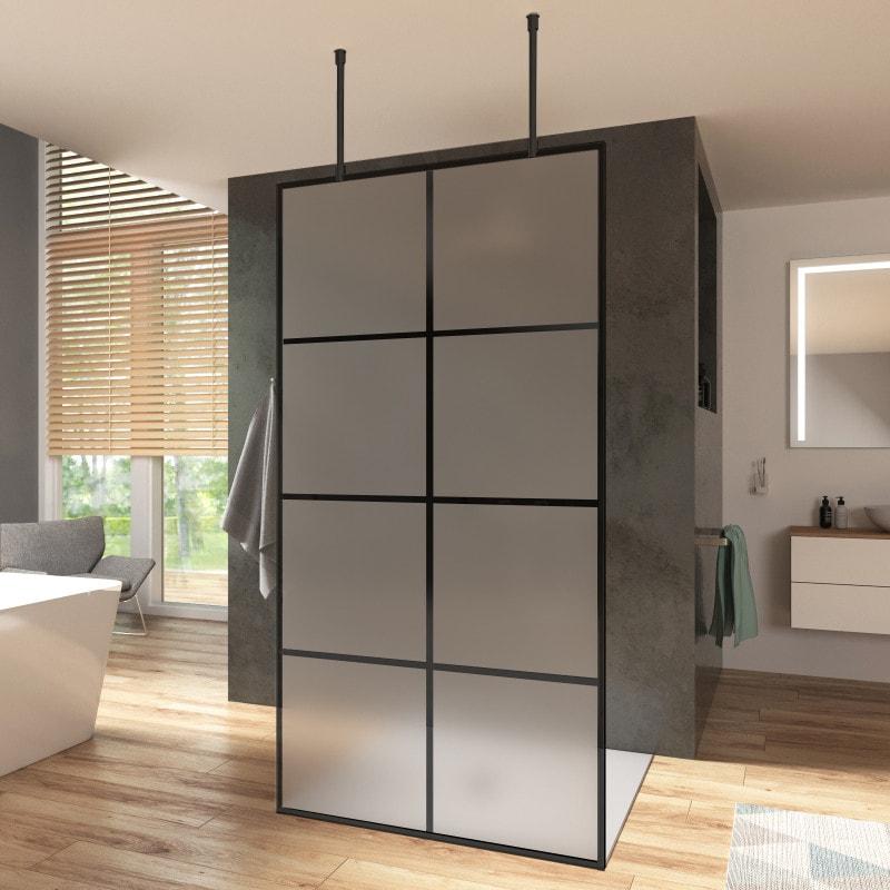 Satijnglas douchewand industriële look zwart FRAME 2