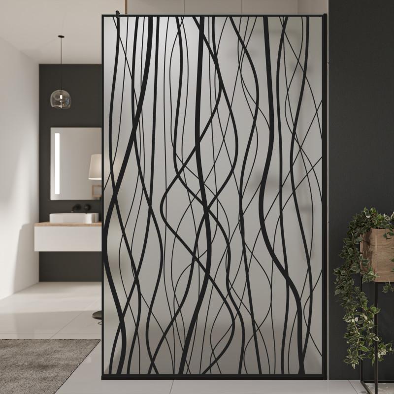 Glazen scheidingswand douche Satinato met zwarte opdruk FRAME FLORA 1