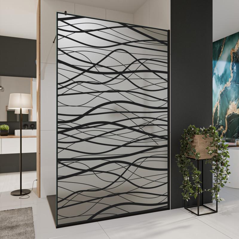 Glazen scheidingswand douche Satinato met zwarte opdruk FRAME FLORA 2