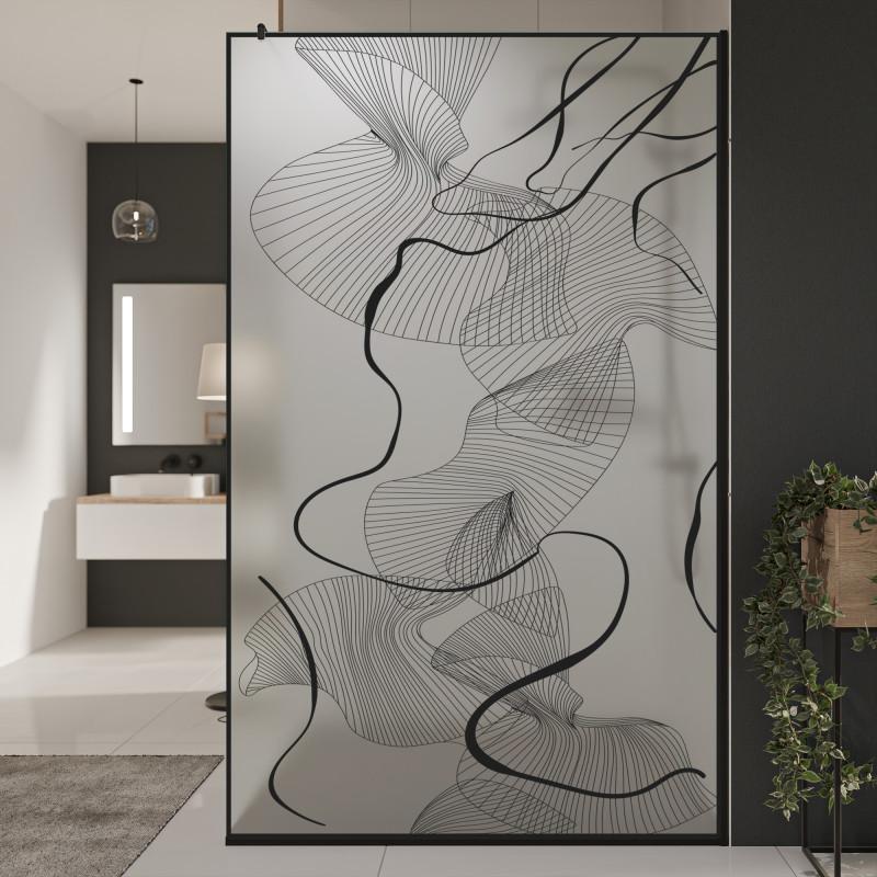 Glazen scheidingswand douche Satinatoglas met zwarte opdruk FRAME CHAOS