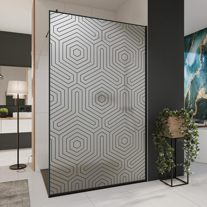 Glazen scheidingswand douche Satinato met zwarte opdruk FRAME HEXAGON