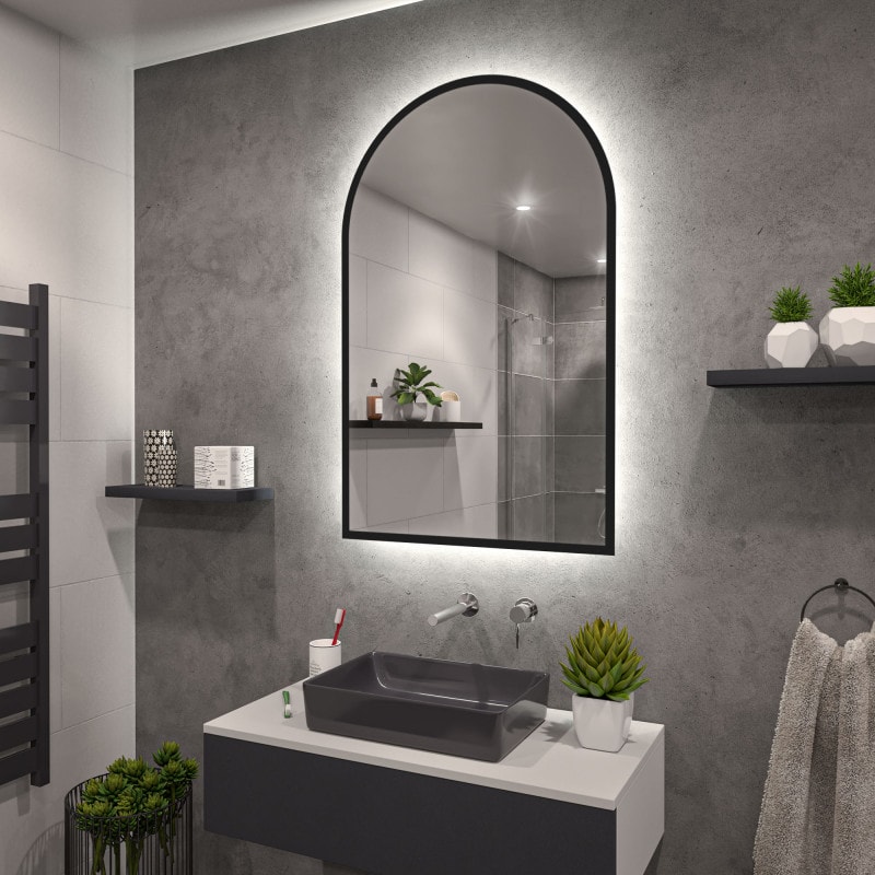 LED-spiegel met boog zwarte lijst gedeeltelijk gelakt F649L4BTL