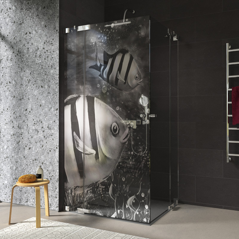 Douche cabine glas hoekinstap met motief VISSEN 2/209