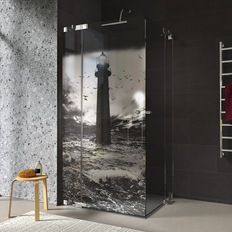 Douchecabine glazen hoekinstap met motief VUURTOREN 2/209