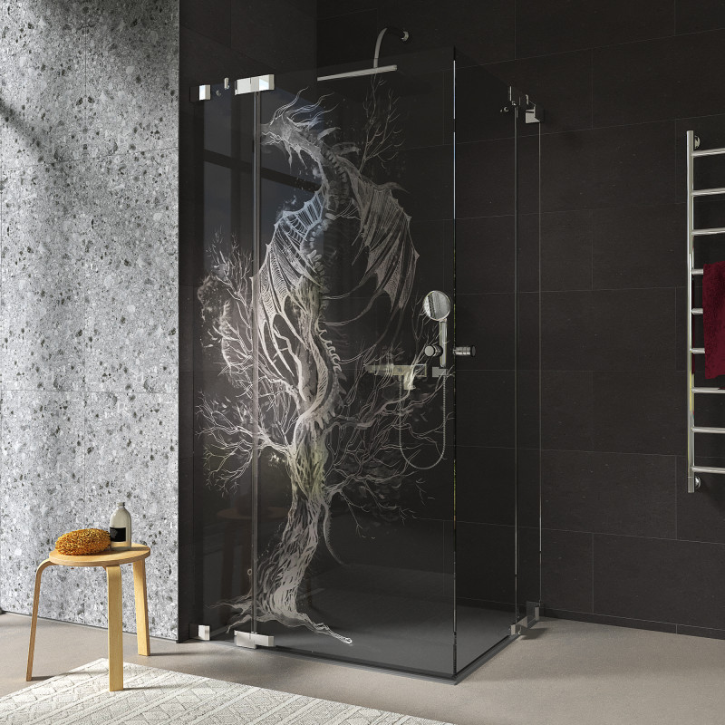 Douchecabine glazen hoekinstap met motief DRAAK 209
