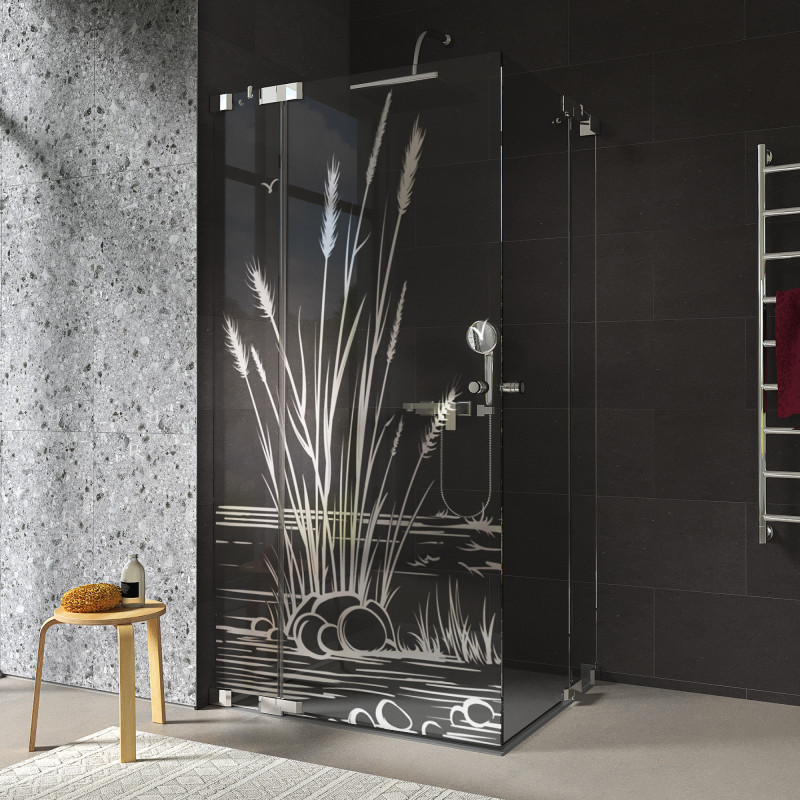 Douchecabine glazen hoekinstap met motief RIET 209