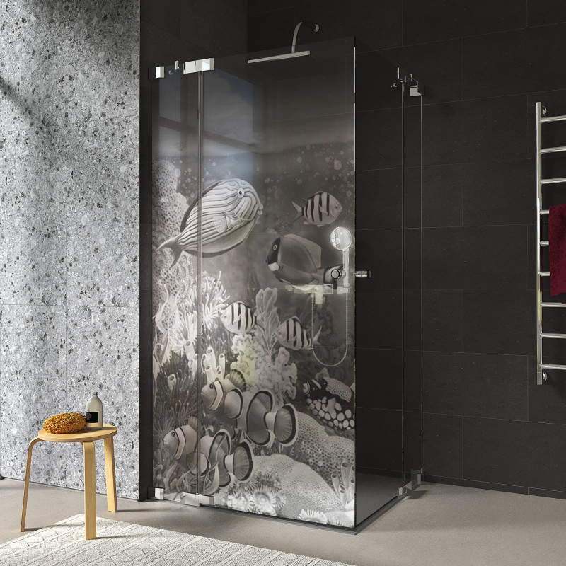 Douchecabine glazen hoekinstap met motief VISSEN 3/209