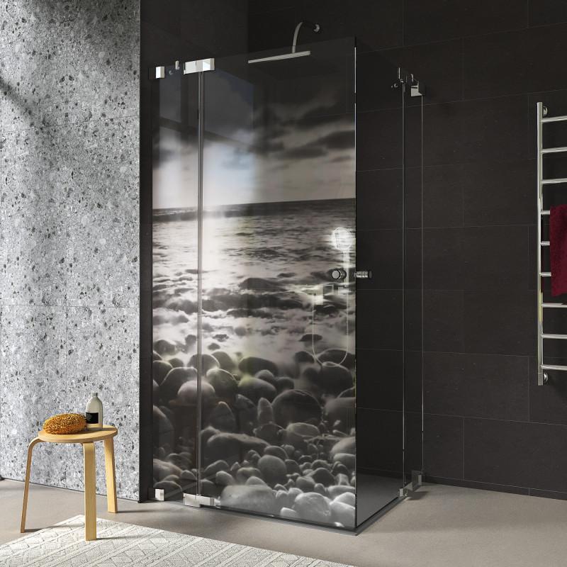 Douchecabine van glas met hoekinstap en MOTIEF ZEE 1/209