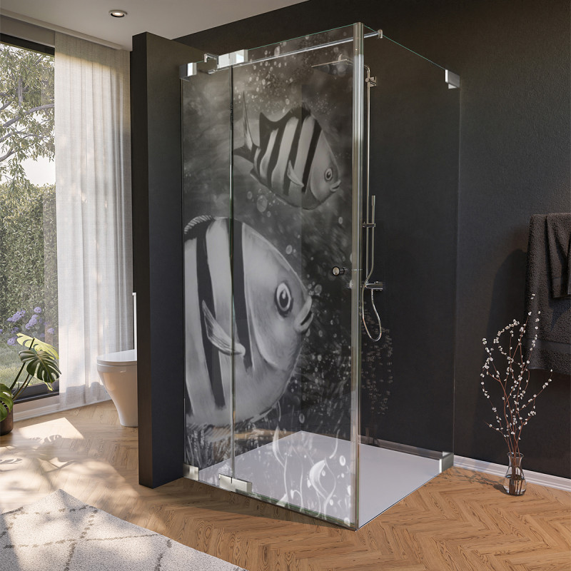 Glas douchecabine deur met zijpaneel en vismotief 2/210