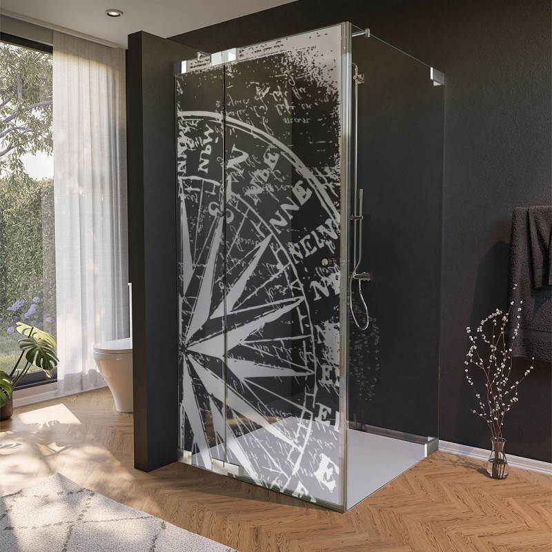 Glas douchecabine deur met zijpaneel met motief WINDROSE 210