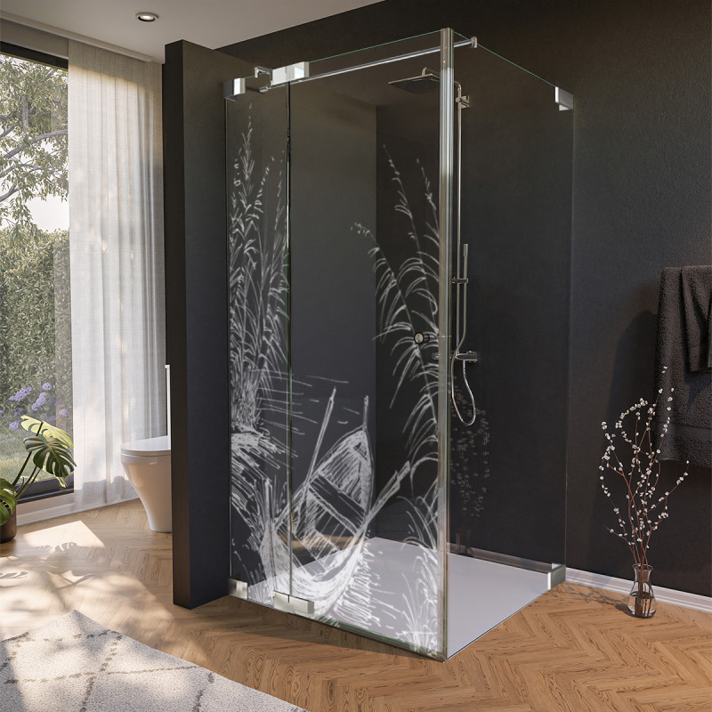 Glas douchecabine deur zijpaneel met motief BOOT IN HET RIET 210