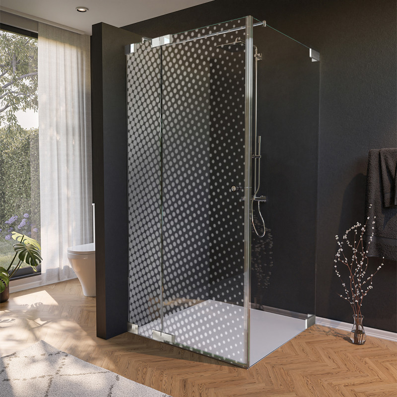 Glasdouchecabine met decor DOT 2/210 aan de zijkant van de deur