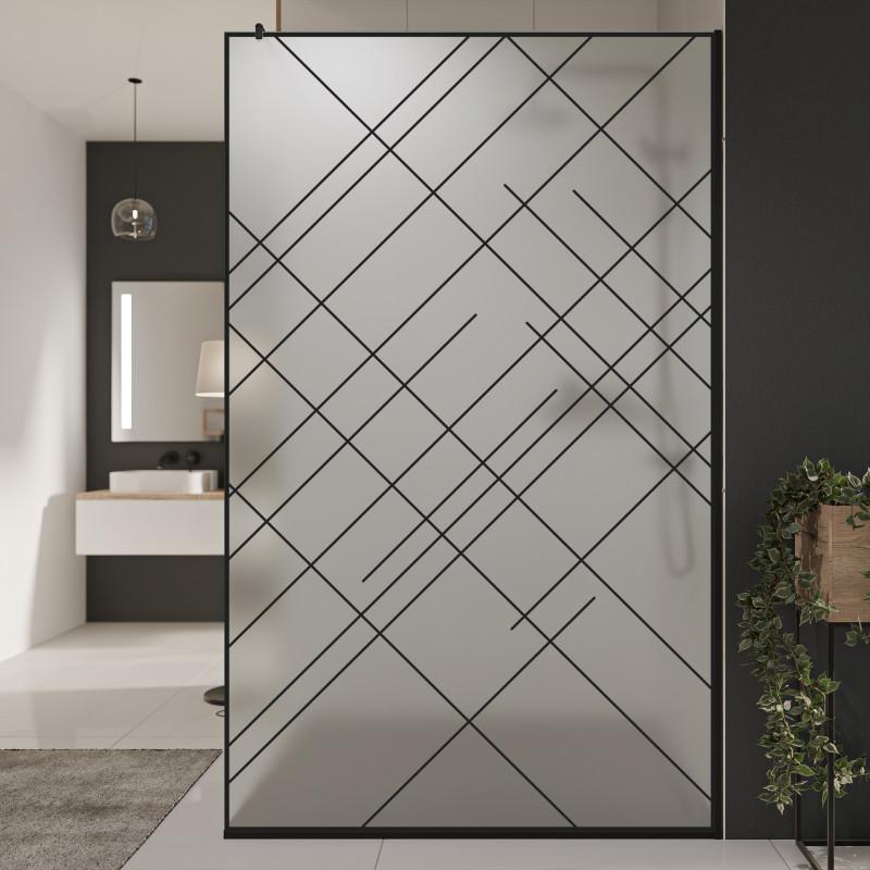 Glazen scheidingswand douche Satinatoglas met zwarte opdruk FRAME CROSSLINES Glazen scheidingswand douche Satinatoglas met zwarte opdruk FRAME CROSSLINES