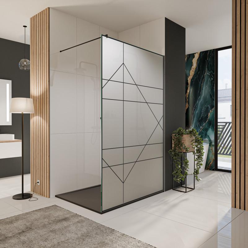 Glazen scheidingswand douche van satinaatglas met zwarte opdruk FRAME RAUTE Glazen scheidingswand douche van satinaatglas met zwarte opdruk FRAME RAUTE