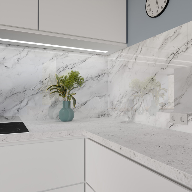 Keuken spatwand ESG glas 6mm met keramische kleurenprint MARMOR WIT 1