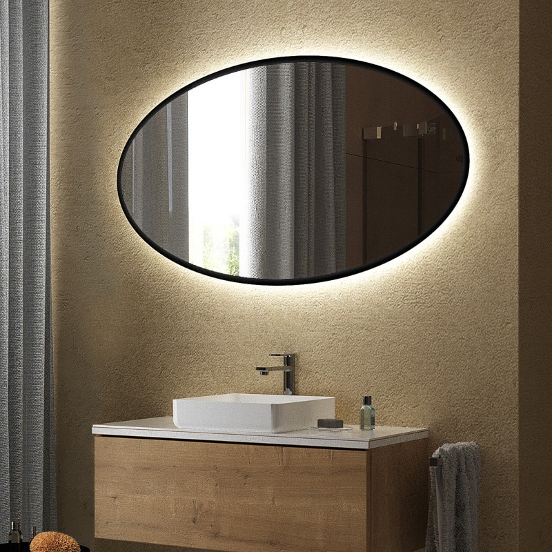 Ovale LED-spiegel met zwarte rand gedeeltelijk gelakt F660L4OTL Ovale LED-spiegel met zwarte rand gedeeltelijk gelakt F660L4OTL