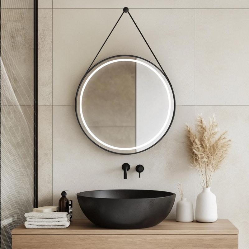 Ronde LED-spiegel met riem zwart SATURN 2R