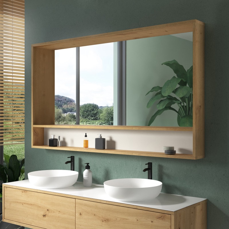 Spiegel met houten lijst en legplank - Madera 9