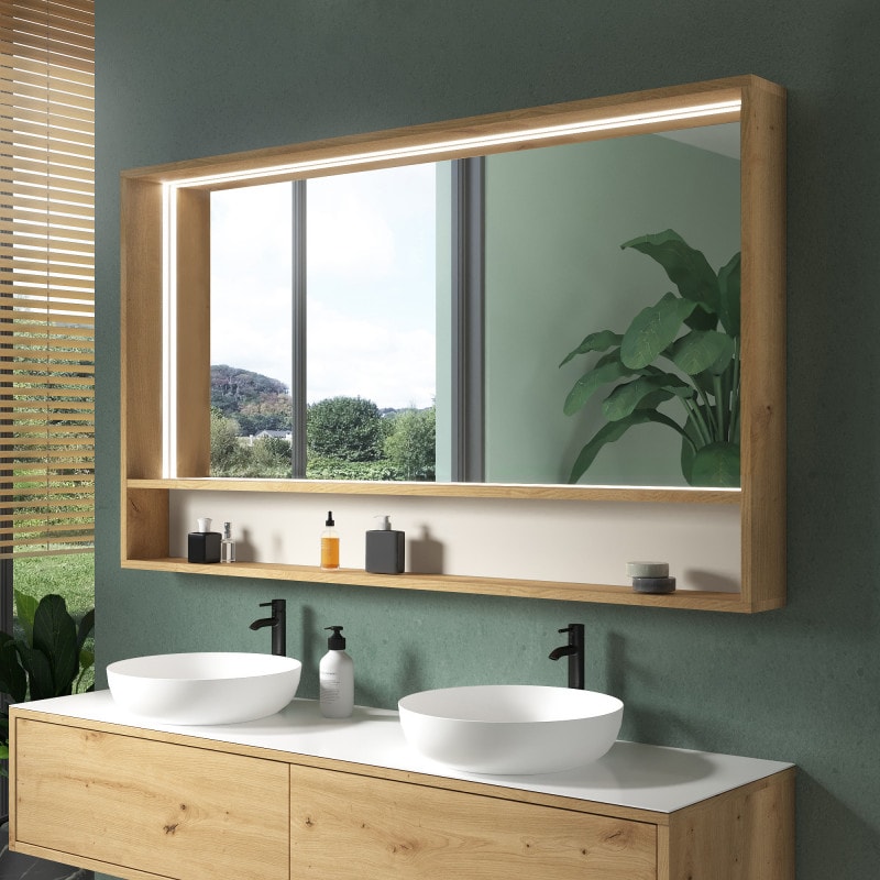 Verlichte spiegel rondom met houten lijst en plank - Madera 12