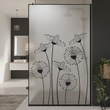 Glazen scheidingswand douche satijnglas met zwarte opdruk FRAME DANDELION Glazen scheidingswand douche satijnglas met zwarte opdruk FRAME DANDELION
